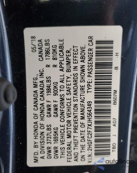 2018 Honda Civic Ex from USA, damaged, VIN 2HGFC2F7XJH564349
